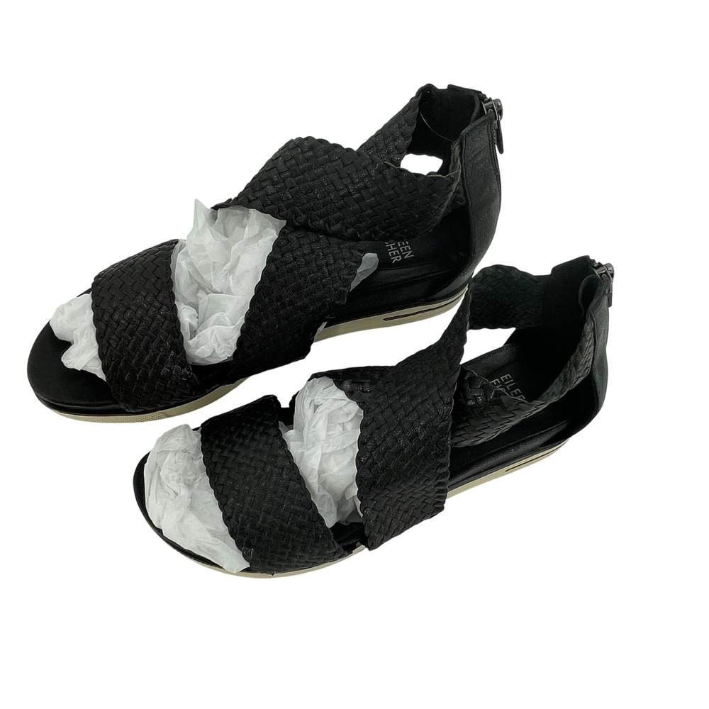 Eileen Fisher Womens Woven Leather Sandals 8.5 Black GUC Back Zip Flat *READ* - Picture 3 of 10